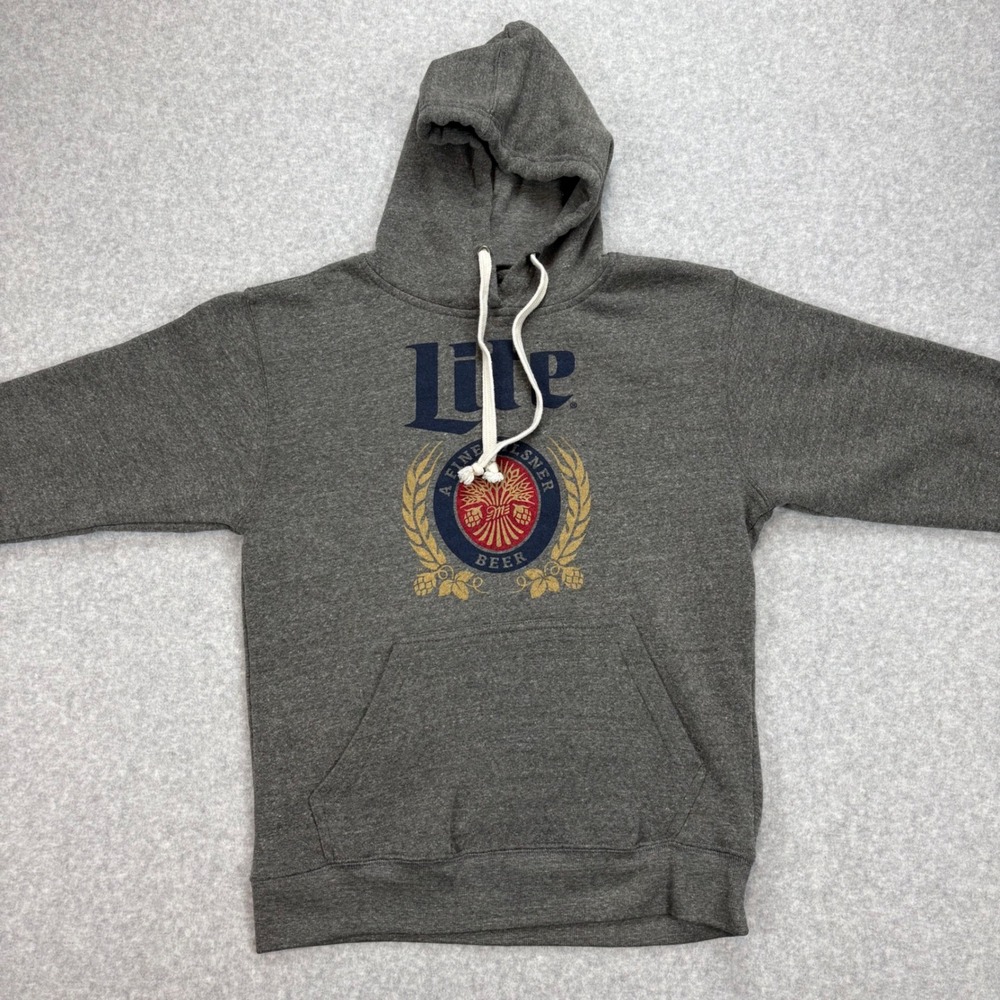 J America‎ Miller Lite Beer Logo Hoodie Gray Mens M Pullover Sweatshirt Retro